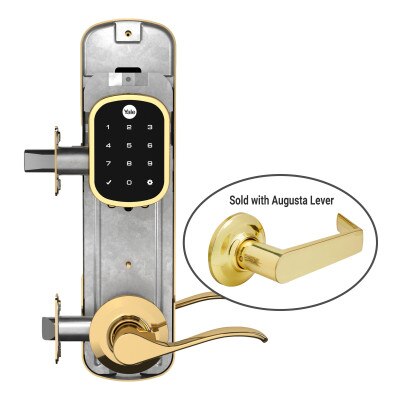Yale Z-Wave Plus Assure Interconnected Key-Free Touchscreen Lockset, Augusta Lever, Left Handed, 5.5 In. Prep, Polished Brass